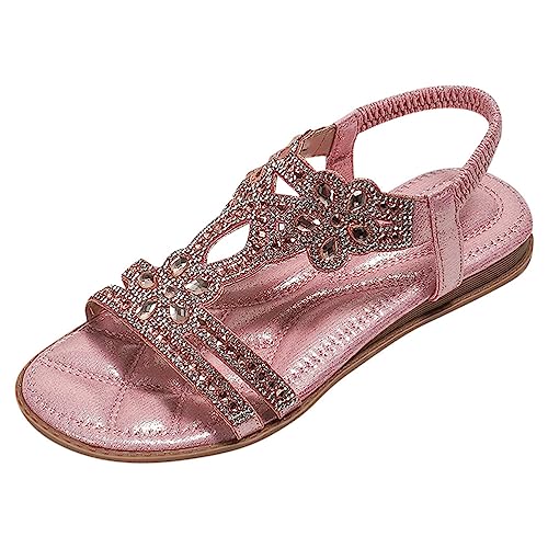 Minetom Flache Sandalen Damen Strass Boho T-Riemen Frauen Sandalen Weichen Sohlen Sommerschuhe Gummiband Slingback Zehentrenner Sandalen Mädchen Strandschuhe A1 Rosa 35 EU von Minetom