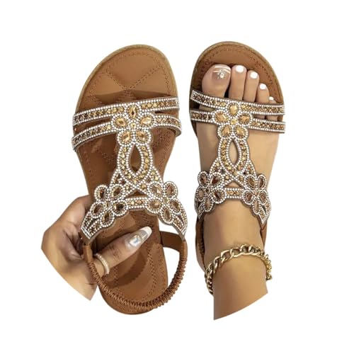 Minetom Flache Sandalen Damen Strass Boho T-Riemen Frauen Weichen Sohlen Sommerschuhe Gummiband Slingback Zehentrenner Mädchen Strandschuhe A2 Braun 39 EU von Minetom
