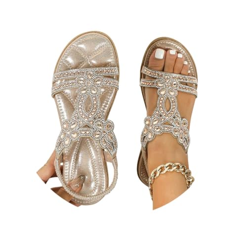 Minetom Flache Sandalen Damen Strass Boho T-Riemen Frauen Sandalen Weichen Sohlen Sommerschuhe Gummiband Slingback Zehentrenner Sandalen Mädchen Strandschuhe A2 Khaki 35 EU von Minetom