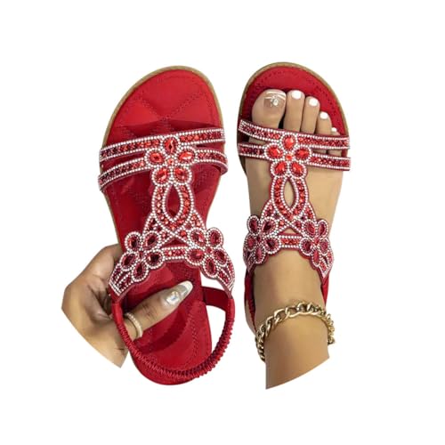 Minetom Flache Sandalen Damen Strass Boho T-Riemen Frauen Weichen Sohlen Sommerschuhe Gummiband Slingback Zehentrenner Mädchen Strandschuhe A2 Rot 42 EU von Minetom