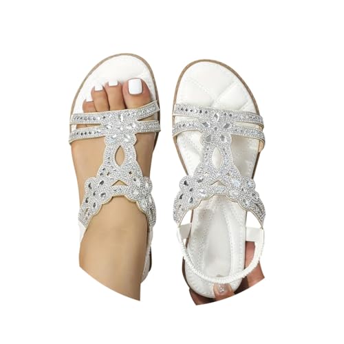 Minetom Flache Sandalen Damen Strass Boho T-Riemen Frauen Weichen Sohlen Sommerschuhe Gummiband Slingback Zehentrenner Mädchen Strandschuhe A2 Weiß 40 EU von Minetom