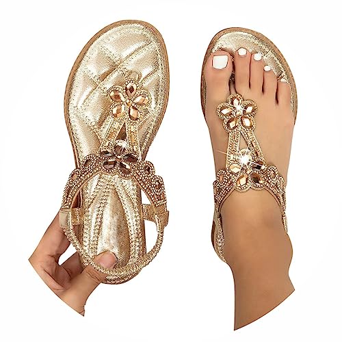 Minetom Flache Sandalen Damen Strass Boho T-Riemen Frauen Sandalen Weichen Sohlen Sommerschuhe Gummiband Slingback Zehentrenner Sandalen Mädchen Strandschuhe B Gold 36 EU von Minetom