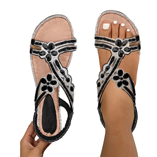 Minetom Flache Sandalen Damen Strass Boho T-Riemen Frauen Sandalen Weichen Sohlen Sommerschuhe Gummiband Slingback Zehentrenner Sandalen Mädchen Strandschuhe D Schwarz 40 EU von Minetom