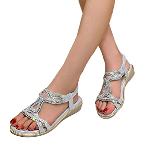 Minetom Flache Sandalen Damen Strass Boho T-Riemen Frauen Sandalen Weichen Sohlen Sommerschuhe Gummiband Slingback Zehentrenner Sandalen Mädchen Strandschuhe E Silber 39 EU von Minetom