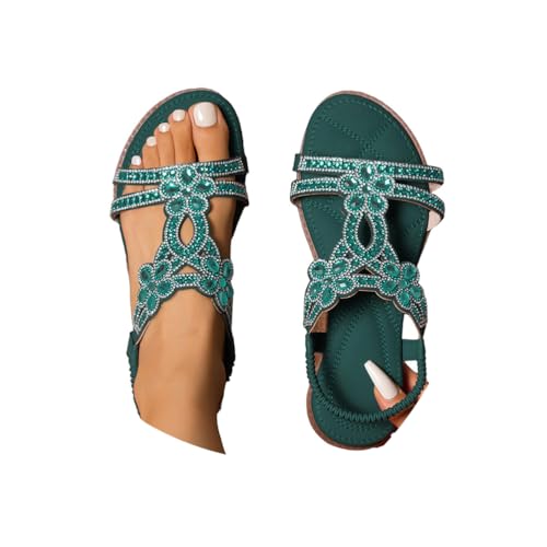 Minetom Flache Sandalen Damen Strass Boho T-Riemen Frauen Weichen Sohlen Sommerschuhe Gummiband Slingback Zehentrenner Mädchen Strandschuhe A3 Grün 41 EU von Minetom