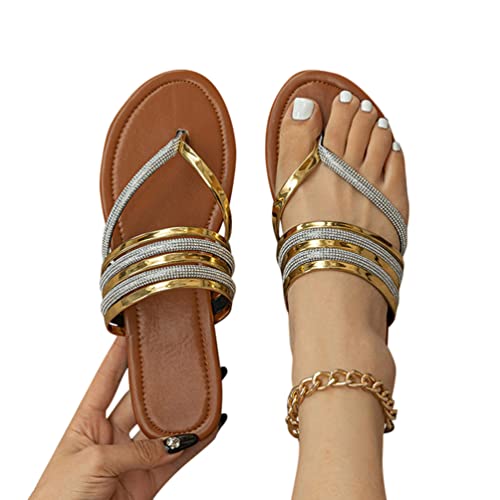 Minetom Flache Sandalen Damen Strass Pantoletten Sommer Offene Schuhe Hausschuhe Slippers Peep Toe Flip Flop Mädchen Zehentrenner Strandsandalen B Gold 37 EU von Minetom