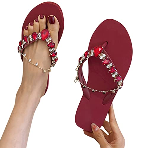 Minetom Flache Sandalen Damen Strass Pantoletten Sommer Offene Schuhe Hausschuhe Slippers Peep Toe Flip Flop Mädchen Zehentrenner Strandsandalen C Rot 37 EU von Minetom