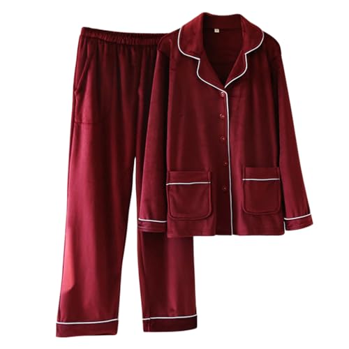 Minetom Flanell Schlafanzug Damen Lang Fleece Pyjama Set mit Knöpfen Warm Zweiteiliger Nachtwäsche Herbst Winter Langarm V-Ausschnitt Bluse und Hose Loungewear Freizeitanzug B Rot XL von Minetom
