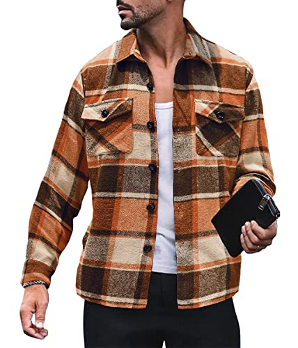 Minetom Flanellhemd Herren Hemd Kariert Flanellhemden Langarm Button Down Freizeithemd Mit Brusttasche Normal Passform Holzfällerhemd A Orange M von Minetom