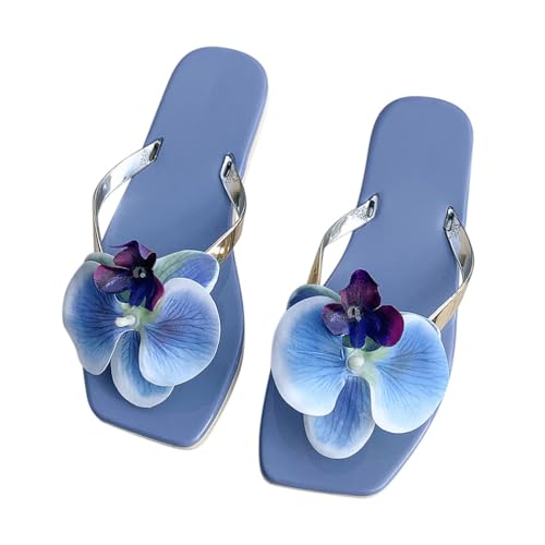 Minetom Flip Flops Damen Sandalen Leicht Blumen Sandaletten Peep Toe Hausschuhe Flache Schuhe Sommer Strand Zehentrenner A Blau 37 EU von Minetom
