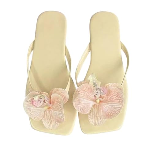 Minetom Flip Flops Damen Sandalen Leicht Blumen Sandaletten Peep Toe Hausschuhe Flache Schuhe Sommer Strand Zehentrenner B Gelb 40 EU von Minetom