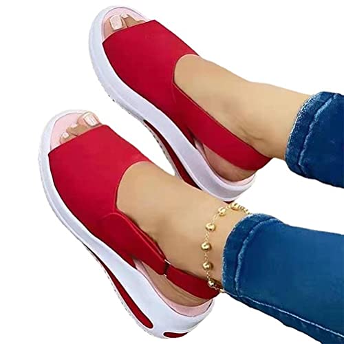 Minetom Frauen Keilabsatz Sandalen Sommer Offene Schuhe Espadrilles Plattform Damen Flip Flops Freizeit Sommerschuhe A Rot 40 EU von Minetom