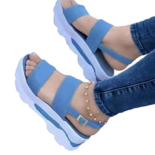 Minetom Frauen Keilabsatz Sandalen Sommer Offene Schuhe Espadrilles Plattform Damen Flip Flops Freizeit Sommerschuhe C Blau 39 EU von Minetom