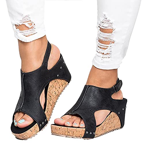 Minetom Frauen Keilabsatz Sandalen Sommer PU Wedge Offene Schuhe Faux Leder Plattform Rom Damen Freizeit Sommerschuhe Römersandalen A Schwarz 36 EU von Minetom