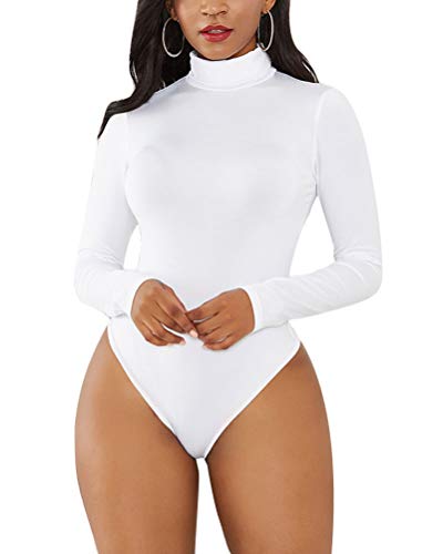 Minetom Frauen Stretch Bodysuit Langarm Top Damen Rollkragen Volltonfarbe Body Bodycon Overall Sexy Club Party Shirt Bluse Oberteil Weiß 36 von Minetom