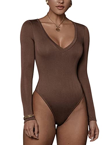 Minetom Frauen Stretch Spitze Bodysuit Langarm Top Damen Body Bodycon Overall V-Ausschnitt Club Party Oberteil Shirt Jumpsuit B Braun XS von Minetom