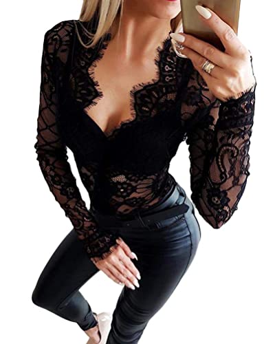 Minetom Frauen Stretch Spitze Bodysuit Langarm Top Damen Volltonfarbe Body Babydoll Bodycon Overall Sexy V-Ausschnitt Club Party Shirt Jumpsuit Schwarz 40 von Minetom