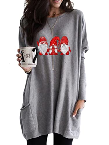 Minetom Frauen Weihnachtspullover Rundhals Langarm Sweatshirts Urlaub Pullover Mit Taschen F Grau 3XL von Minetom
