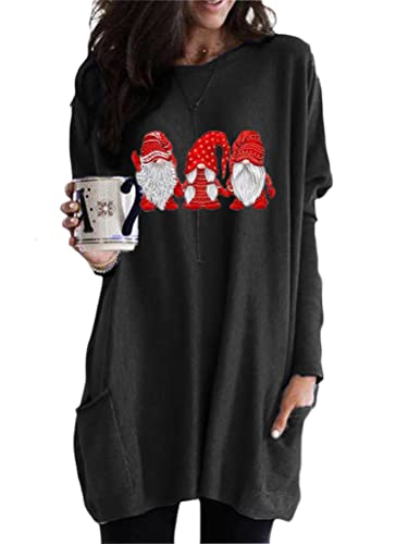 Minetom Frauen Weihnachtspullover Rundhals Langarm Sweatshirts Urlaub Pullover Mit Taschen F Schwarz XXL von Minetom