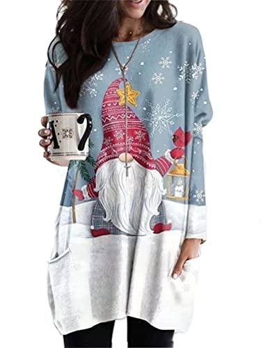 Minetom Frauen Weihnachtspullover Rundhals Langarm Sweatshirts Urlaub Pullover Mit Taschen H Blau XL von Minetom