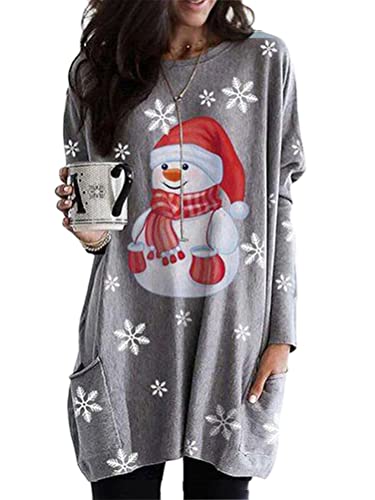 Minetom Frauen Weihnachtspullover Rundhals Langarm Sweatshirts Urlaub Pullover Mit Taschen H Grau XXL von Minetom