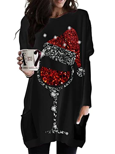 Minetom Frauen Weihnachtspullover Rundhals Langarm Sweatshirts Urlaub Pullover Mit Taschen I Schwarz 3XL von Minetom
