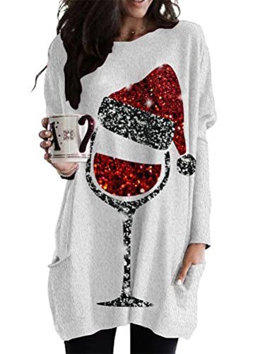 Minetom Frauen Weihnachtspullover Rundhals Langarm Sweatshirts Urlaub Pullover Mit Taschen I Weiß XXL von Minetom