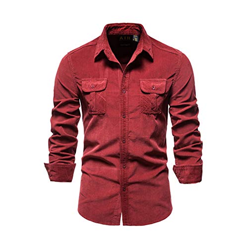 Minetom Freizeithemden Herren Hemden Slim Fit Herrenhemden Langarm Männer Einfarbig Revers Cordhemd Herren Shirt A Rot L von Minetom