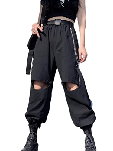 Minetom Freizeithosen Damen Cargo Hose Sweathose Elastische Jogginghose Cargohose Sport Hosen Abnehmbar Shorts Sommerhose mit Taschen J Schwarz L von Minetom