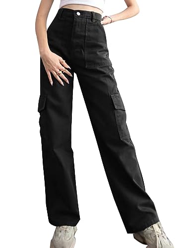 Minetom Damen Jeans Straight Baggy Cargohose Breites Bein Boyfriend Hose Locker Freizeithose Sommer Jeanshose Streetwear Cargo Pants Casual Trousers mit Taschen A Schwarz S von Minetom
