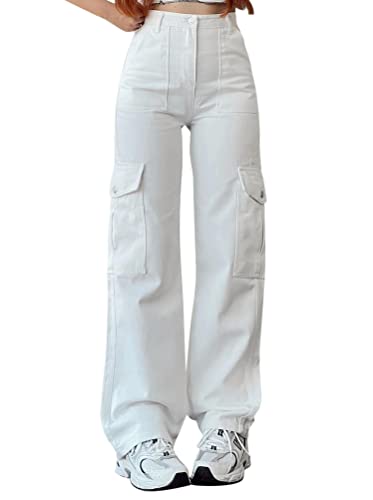 Minetom Damen Jeans Straight Baggy Cargohose Breites Bein Boyfriend Hose Locker Freizeithose Sommer Jeanshose Streetwear Cargo Pants Casual Trousers mit Taschen A Weiß L von Minetom