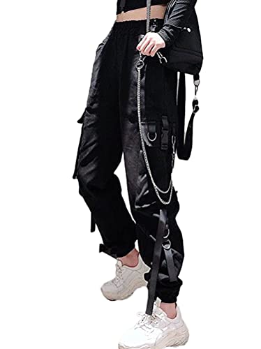 Minetom Freizeithosen Damen Cargo Hose Sweathose Teenager Mädchen Elastische Jogginghose Cargohose Sport Hosen Yogahose Streetwear mit Kette Taschen A Schwarz M von Minetom