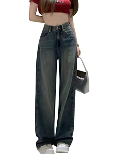 Minetom Freizeithosen Damen Jeanshosen Cargo Hose Jogginghose Cargohose Multi Taschen Denim Hose Straight Baggy Jeans Hosen D Blau S von Minetom