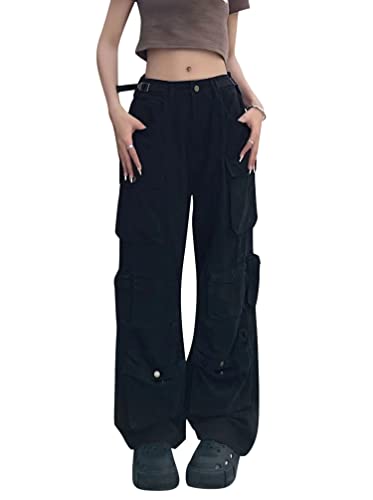 Minetom Freizeithosen Damen Jeanshosen Cargo Hose Jogginghose Cargohose Multi Taschen Denim Hose Straight Baggy Jeans Hosen Streetwear B Schwarz 3XL von Minetom