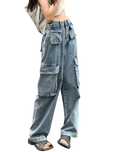 Minetom Freizeithosen Damen Jeanshosen Cargo Hose Jogginghose Cargohose Multi Taschen Denim Hose Straight Baggy Jeans Hosen Streetwear F Blau M von Minetom