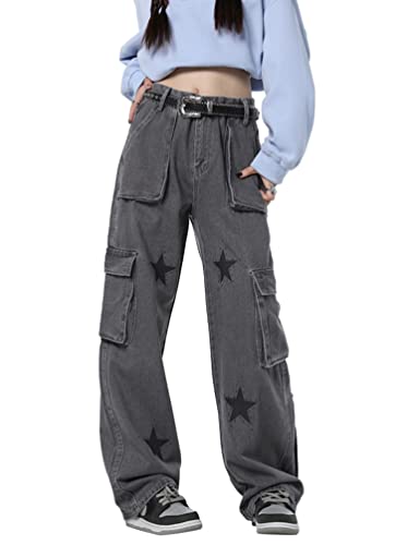 Minetom Freizeithosen Damen Jeanshosen Cargo Hose Jogginghose Cargohose Multi Taschen Denim Hose Straight Baggy Jeans Hosen Streetwear G Grau M von Minetom