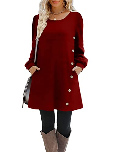 Minetom Freizeitkleid Damen Pulloverkleid Einfarbig Rundhals Langarm Winter Herbstkleid Casual Elegante Minikleid Tunika Kleid mit Taschen und Knöpfe Freizeitkleid Shirtkleid A Weinrot L von Minetom