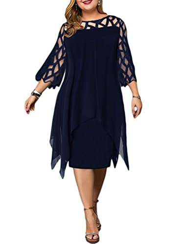Minetom Freizeitkleider Damen Große Größen Chiffon Kleid Elegant Kleid 3/4 Ärmel Knielang Festlich Hochzeit Kleider D Blau 4XL von Minetom