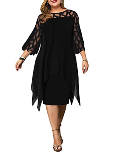 Minetom Freizeitkleider Damen Große Größen Chiffon Kleid Elegant Kleid 3/4 Ärmel Knielang Festlich Hochzeit Kleider D Schwarz L von Minetom