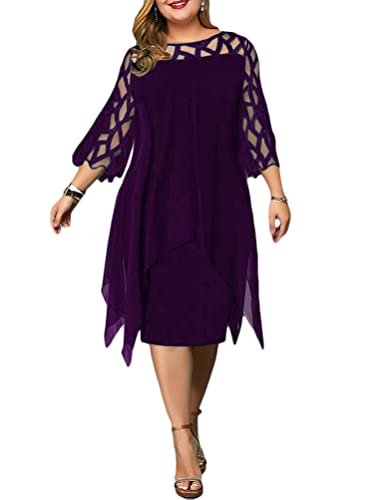 Minetom Freizeitkleider Damen Große Größen Chiffon Kleid Elegant Kleid 3/4 Ärmel Knielang Festlich Hochzeit Kleider D Violett 3XL von Minetom