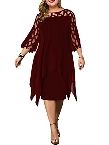Minetom Freizeitkleider Damen Große Größen Chiffon Kleid Elegant Kleid 3/4 Ärmel Knielang Festlich Hochzeit Kleider D Weinrot 4XL von Minetom