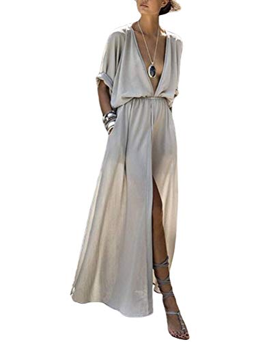 Minetom Freizeitkleider für Damen Sommer Tief Geschnitten Schlitz Strandkleid Maxi Kleider V Ausschnitt Partykleid Grau M von Minetom
