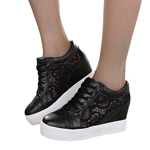 Minetom Freizeitschuhe Damen Bestickte Sneaker Spitze Atmungsaktive Stoffschuhe Elegante Frauen Schnürhalbschuhe Laufschuhe Leicht Sportlich Freizeit Flache Schuhe Walkingschuhe D Schwarz 39 EU von Minetom