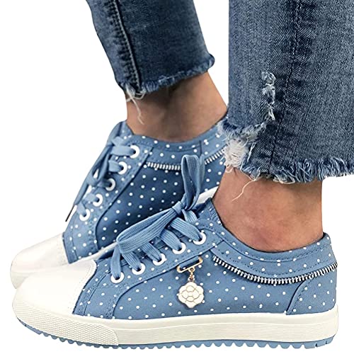 Minetom Freizeitschuhe Damen Bestickte Sneaker Spitze Atmungsaktive Stoffschuhe Frauen Schnürhalbschuhe Laufschuhe Leicht Sportlich Freizeit Flache Schuhe Walkingschuhe C1 Blau 39 EU von Minetom