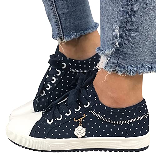 Minetom Freizeitschuhe Damen Bestickte Sneaker Spitze Atmungsaktive Stoffschuhe Frauen Schnürhalbschuhe Laufschuhe Leicht Sportlich Freizeit Flache Schuhe Walkingschuhe C1 Dunkelblau 38 EU von Minetom