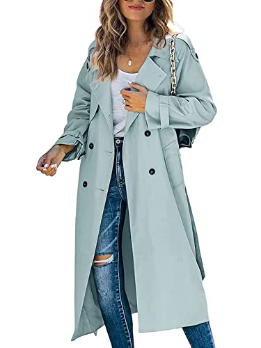 Minetom Frühling und Herbst Damen Trenchcoat Lange Windjacke Lang Jacke Revers Windjacke mit Gürtel zweireihig Elegante Modejacke Damen B Blau L von Minetom