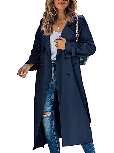 Minetom Frühling und Herbst Damen Trenchcoat Lange Windjacke Lang Jacke Revers Windjacke mit Gürtel zweireihig Elegante Modejacke Damen B Marine XXL Minetom Frühling und Herbst Damen Trenchcoat Lange Windjacke Lang Jacke Revers Windjacke mit Gürtel zweireihig Elegante Modejacke Damen B Marine XXL von Minetom