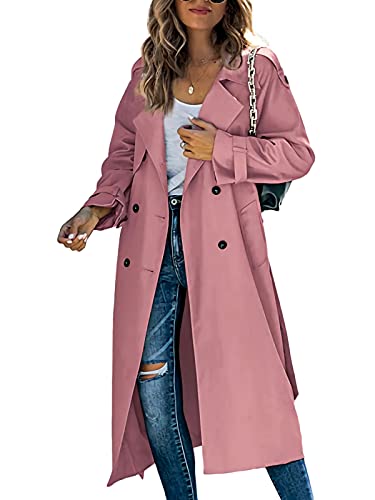 Minetom Frühling und Herbst Damen Trenchcoat Lange Windjacke Lang Jacke Revers Windjacke mit Gürtel zweireihig Elegante Modejacke Damen B Rosa XXL von Minetom