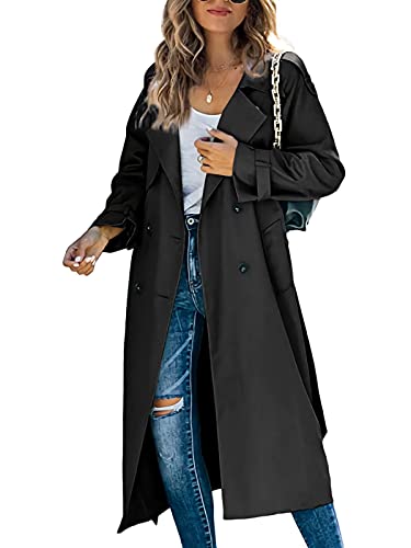 Minetom Frühling und Herbst Damen Trenchcoat Lange Windjacke Lang Jacke Revers Windjacke mit Gürtel zweireihig Elegante Modejacke Damen B Schwarz XXL von Minetom