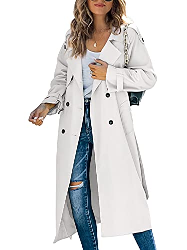 Minetom Frühling und Herbst Damen Trenchcoat Lange Windjacke Lang Jacke Revers Windjacke mit Gürtel zweireihig Elegante Modejacke Damen B Weiß XL von Minetom